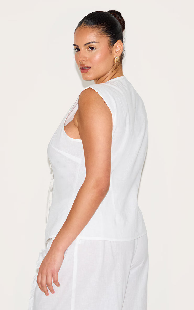 Plus White Linen Tie Front Vest