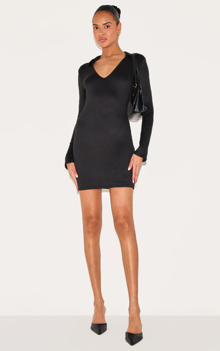 Black Double Contour Collar Detail Long Sleeve Bodycon Dress