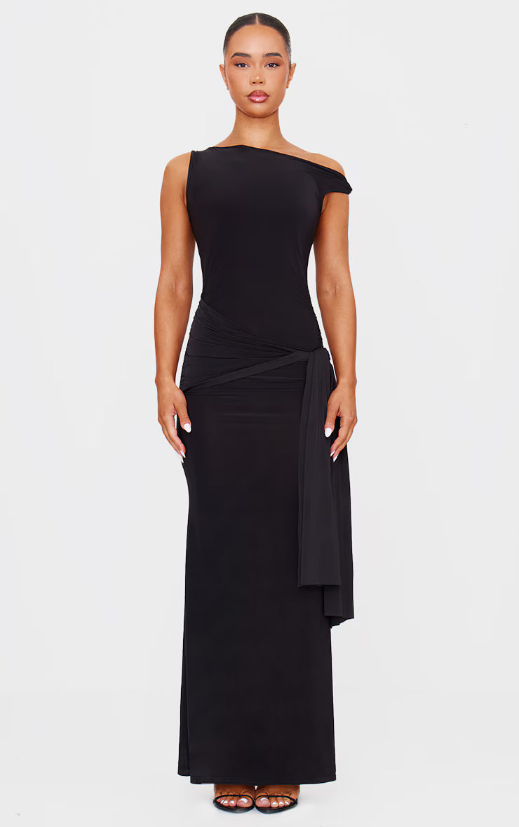 Black Slinky Off Shoulder Wrap Detail Maxi Dress