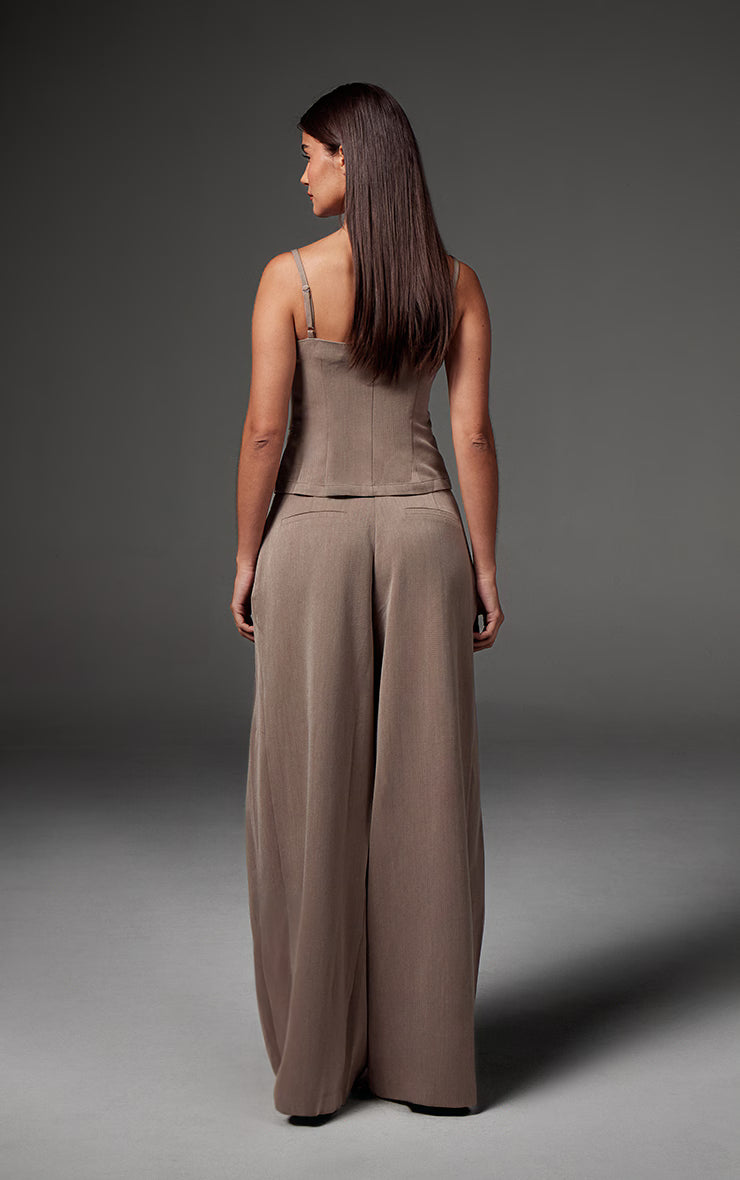 Premium Taupe Woven Pleated Waistband Extreme Wide Leg Pants