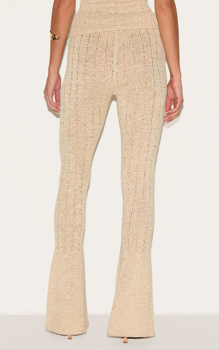 Oatmeal Textured Filigree Knit Wide Leg Pants