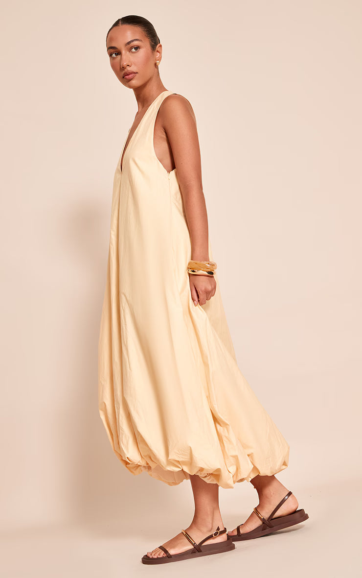 Lemon Cotton Poplin Plunge Sleeveless Maxi Dress