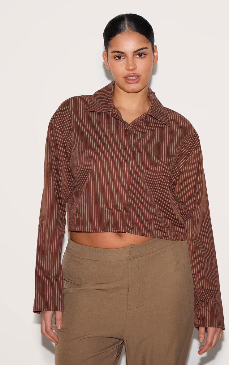 Plus Brown Faux Suede Cropped Striped Shirt