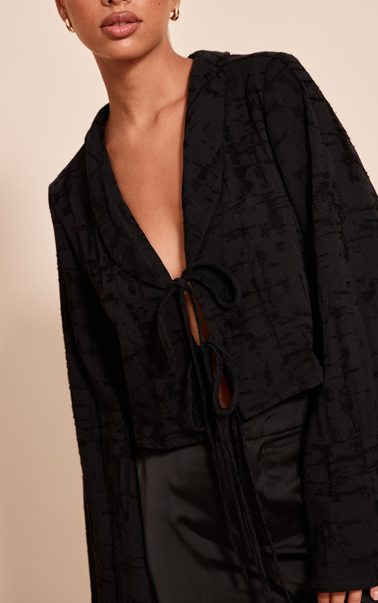 Black Textured Lightweight Woven Tie Front Shirt