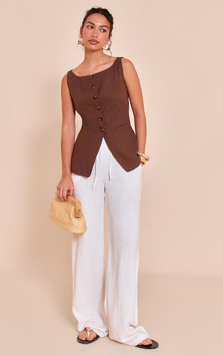 Chocolate Square Neck Linen Look Longline Vest