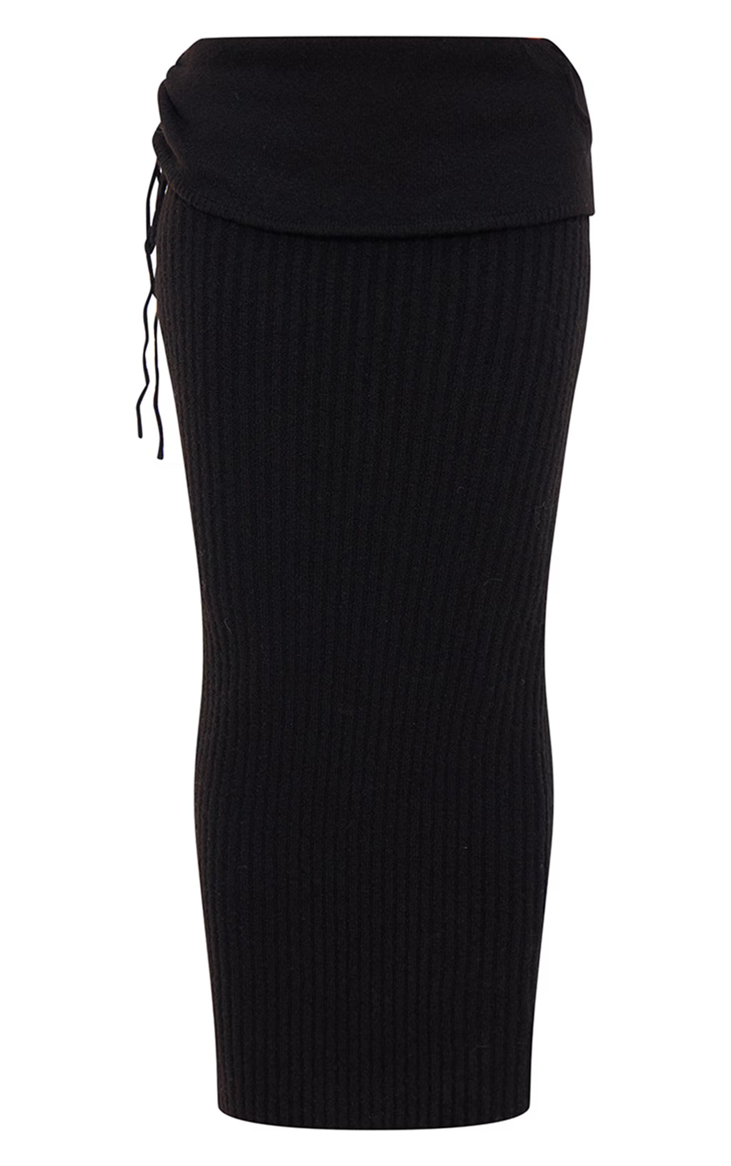 Black Ribbed Knit Ruched Fold Over Maxi Skirt