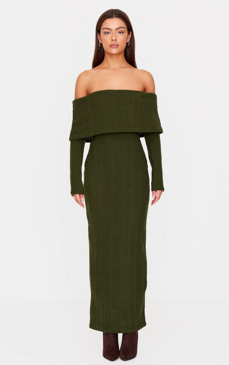 Green Brushed Rib Foldover Bardot Maxi Dress