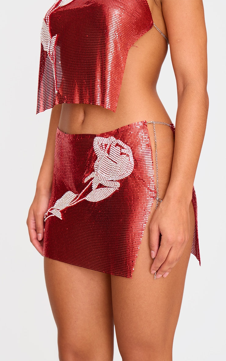 Red Chain Mail Rose Diamante Micro Mini Skirt