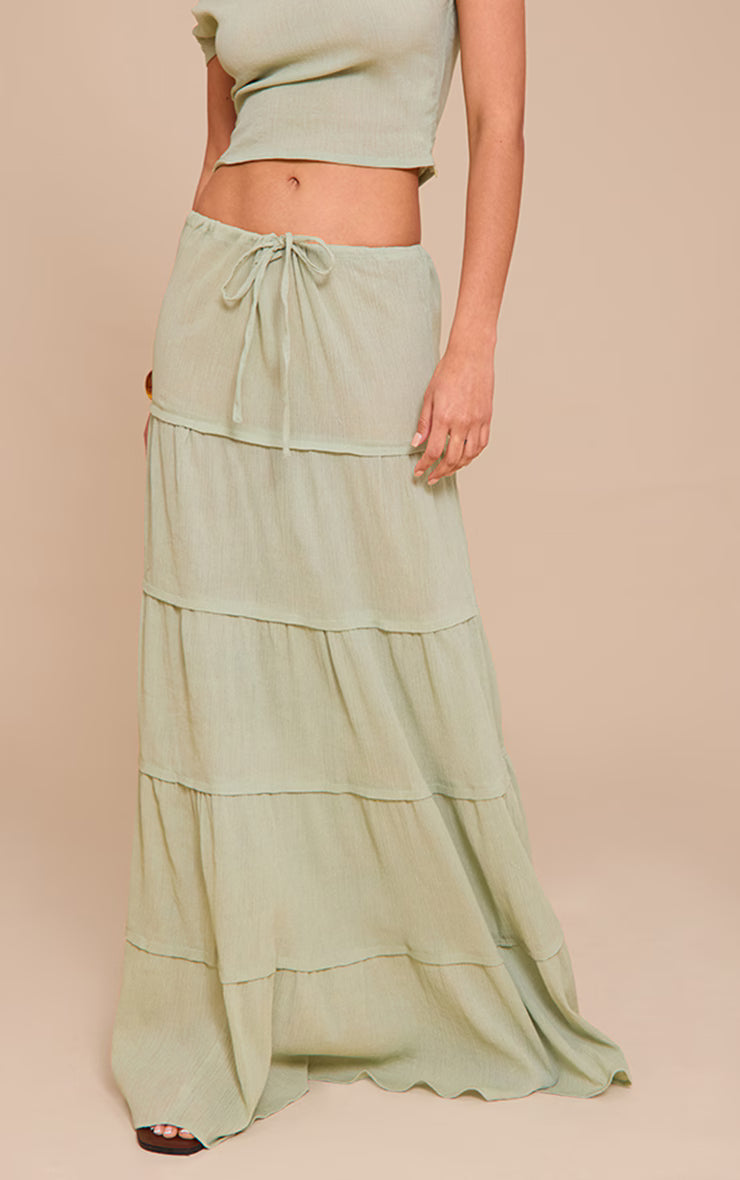 Sage Green Cheesecloth Floaty Drawstring Maxi Skirt