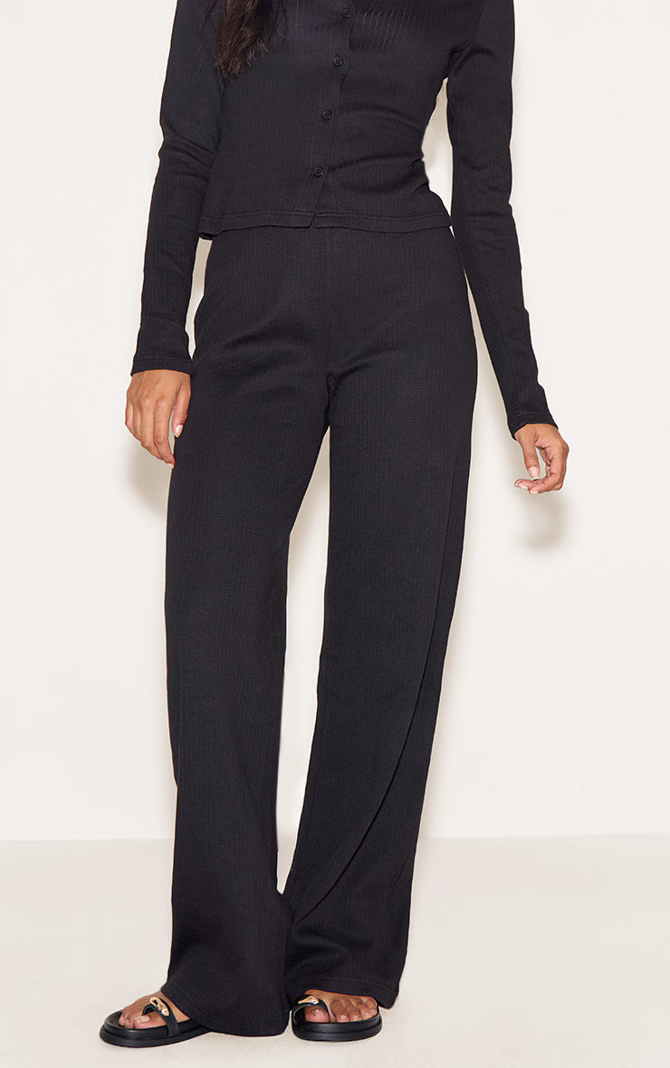 Black Mid Rise Ribbed Wide Leg Pant