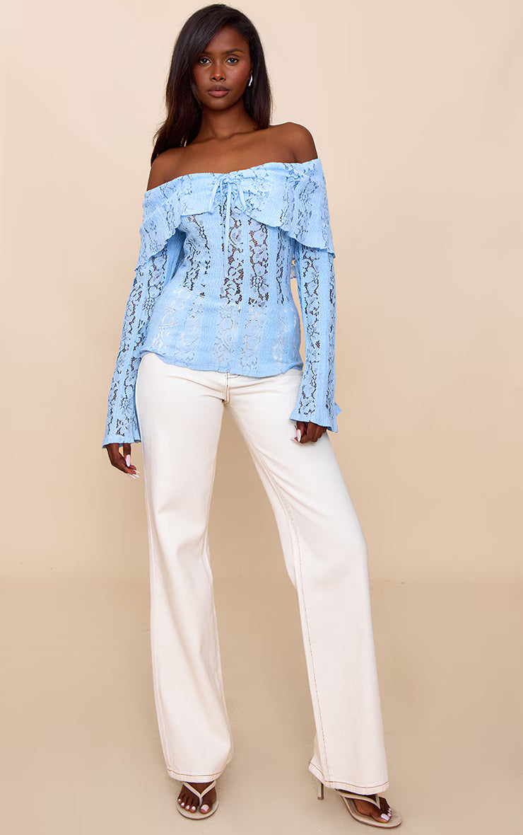 Sky Blue Fitted Lace Flared Sleeve Bardot Top