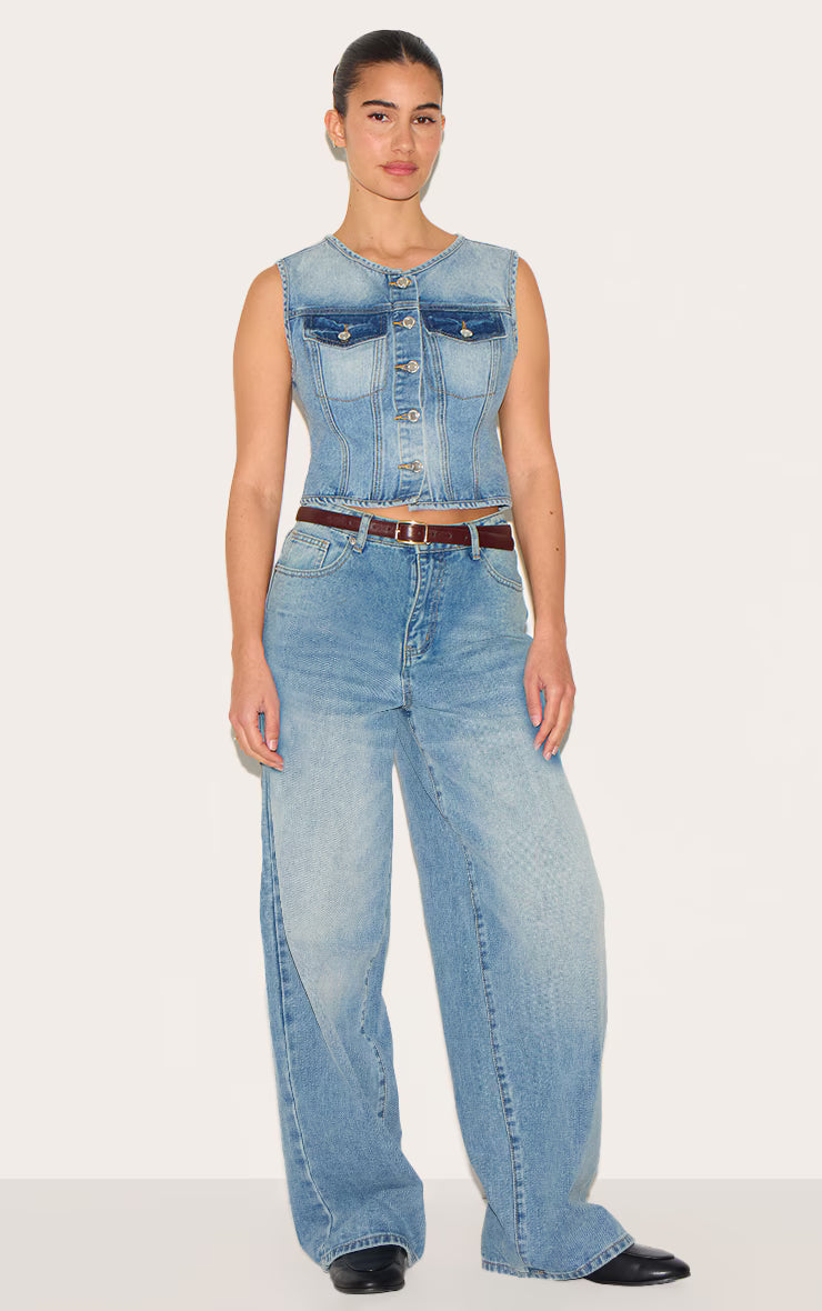 Mid Blue Wash Round Neck Sleeveless Denim Crop Top