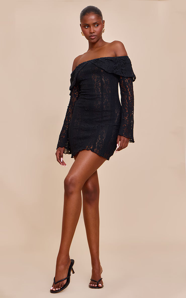 Black Lace Bardot Long Sleeve Mini Dress