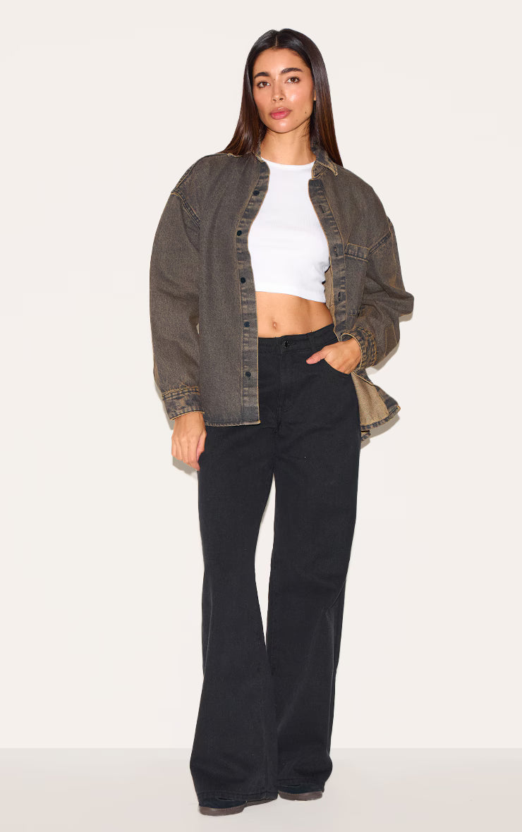 Vintage Brown Dip Hem Button Up Denim Shirt