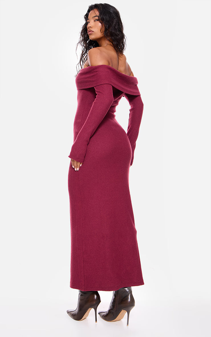 Burgundy Heavy Brushed Rib Bardot Trim Maxi Dress