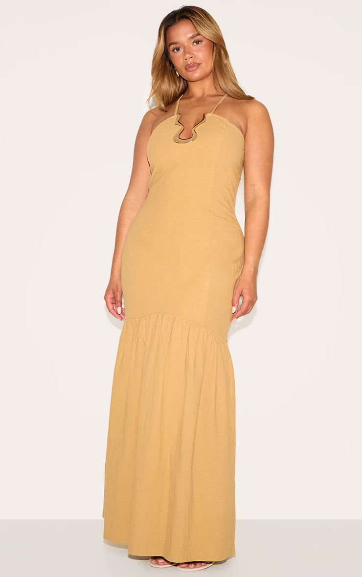 Shape Khaki Linen Look Gold Wave Trim Dropped Hem Maxi Dress