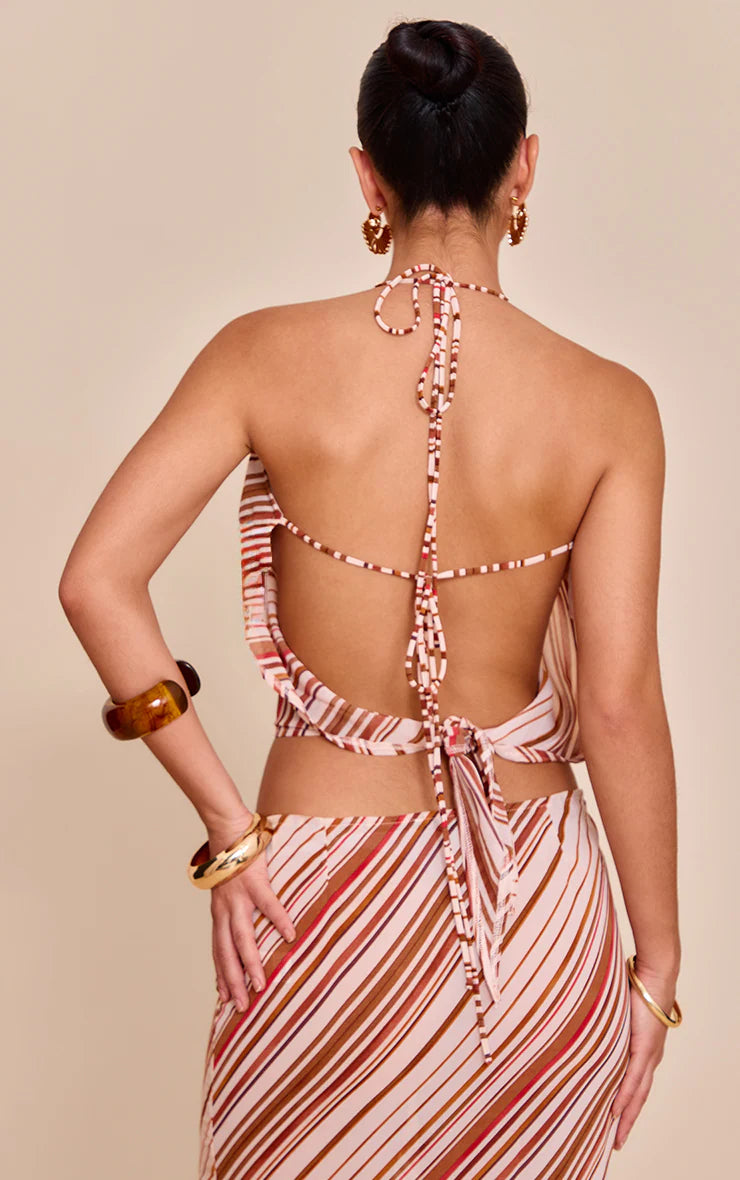 Rust Chiffon Striped Halterneck Strappy Top