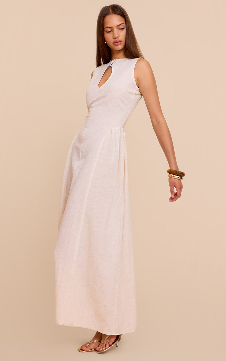 Almond Linen Look Textured Button Detail Sleeveless Maxi Dress