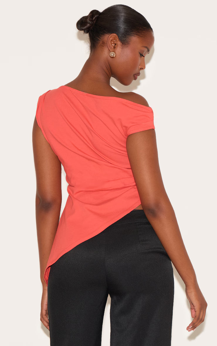 Red Asymmetric Shoulder Extreme Longline Top