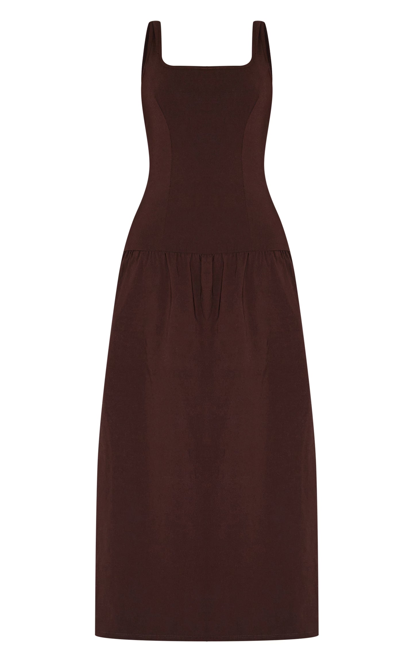Shape Chocolate Stretch Woven Square Neck Dropped Hem Maxi Shift Dress