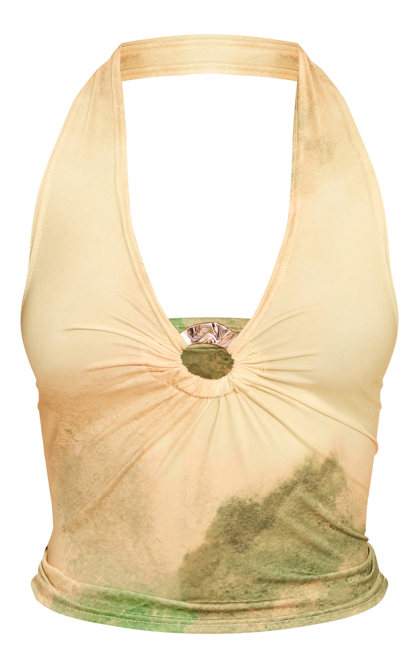 Green Abstract Print Gold Front Ring Detail Halterneck Top