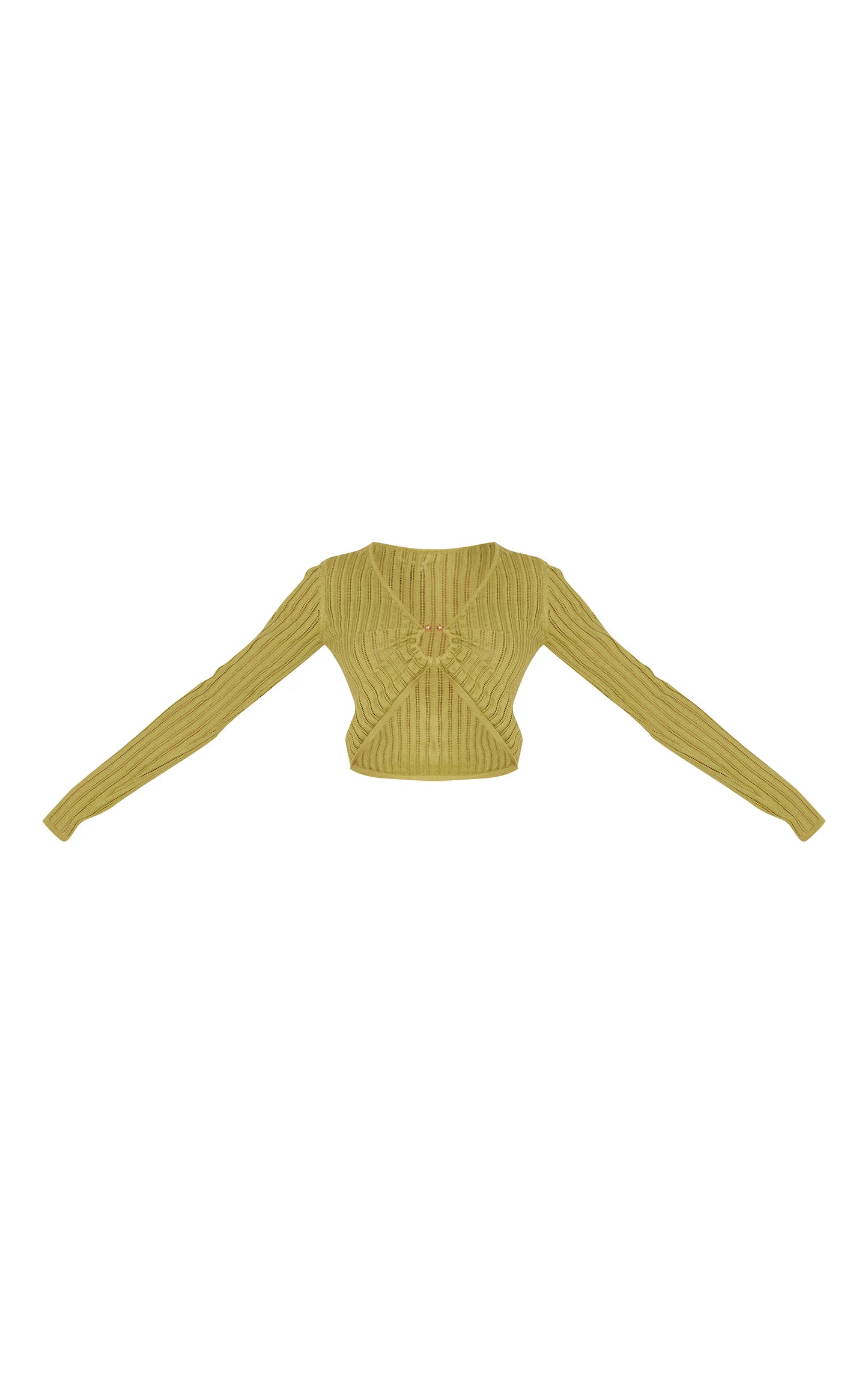 Olive Pointelle Knit Trim Detail Long Sleeve Top