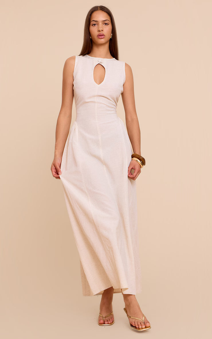 Almond Linen Look Textured Button Detail Sleeveless Maxi Dress