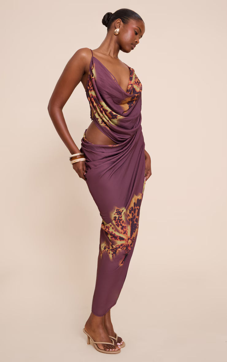 Purple Floral Chiffon Drape Cut Out Midaxi Dress