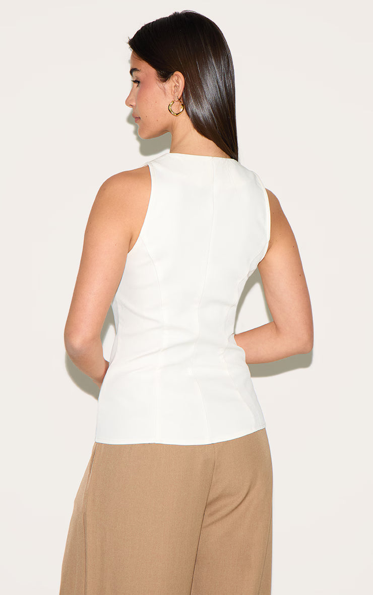 Cream Woven Gold Button Detail Fitted Vest