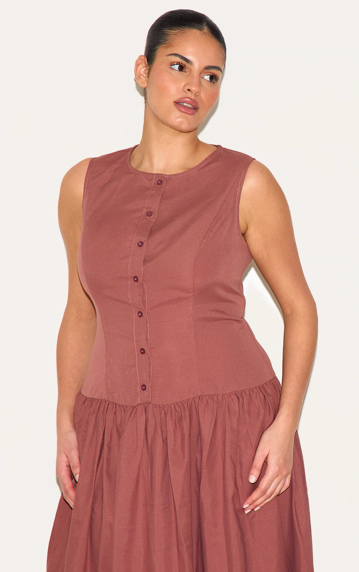 Plus Brown Button Down Drop Waist Maxi Dress