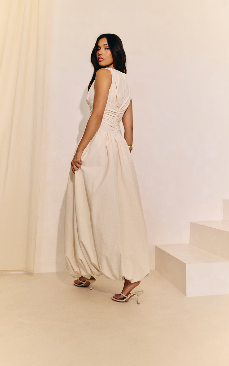 Cream Boat Neck Ruched Detail Puffball Maxi Dress