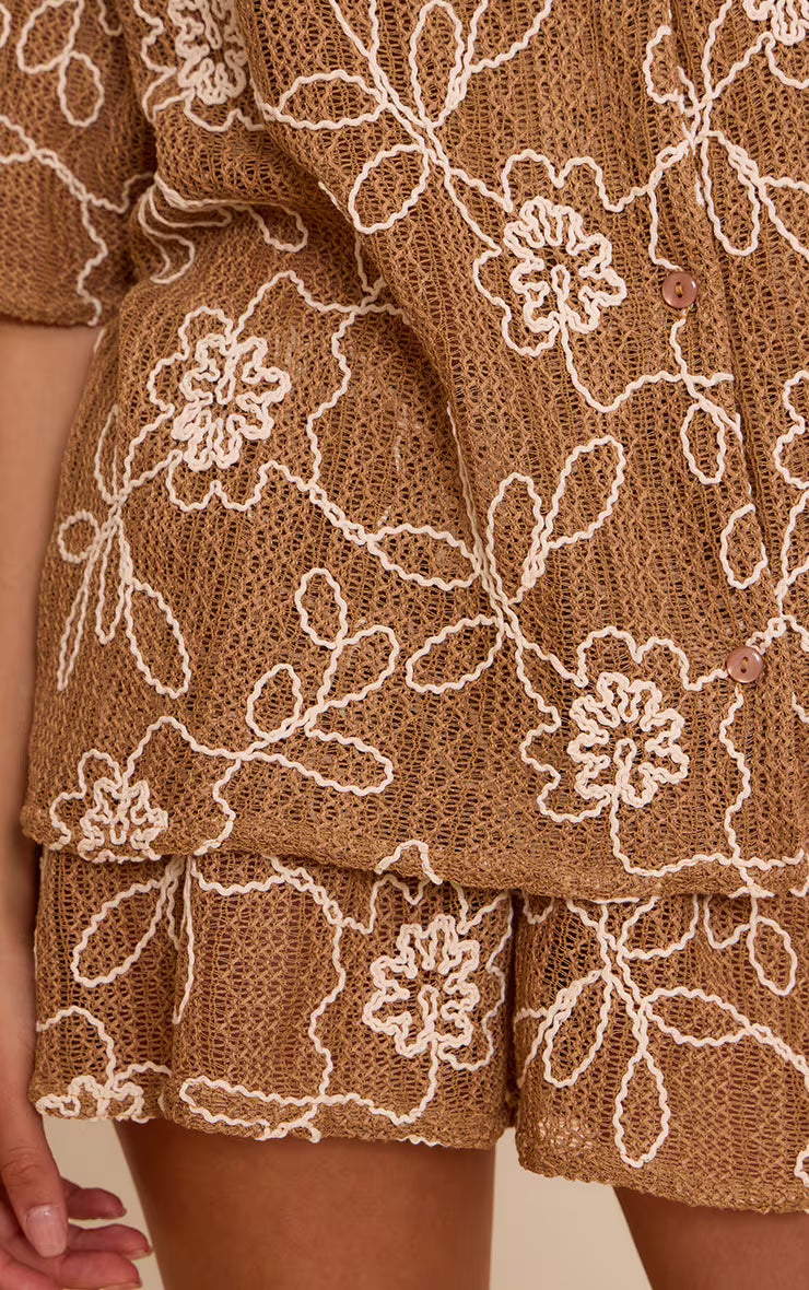 Tan Embroidered Floral Floaty Shorts