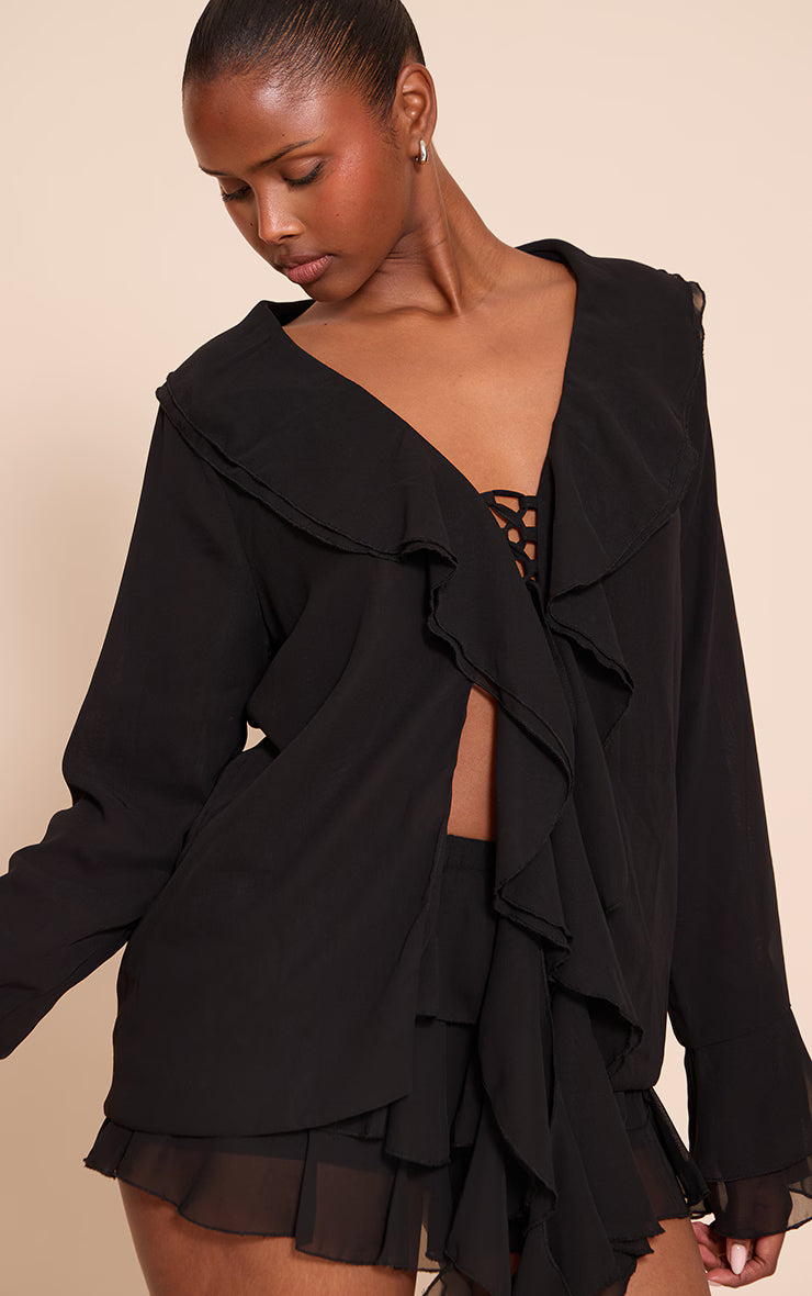 Black Chiffon Frill Plunge Long Sleeve Top