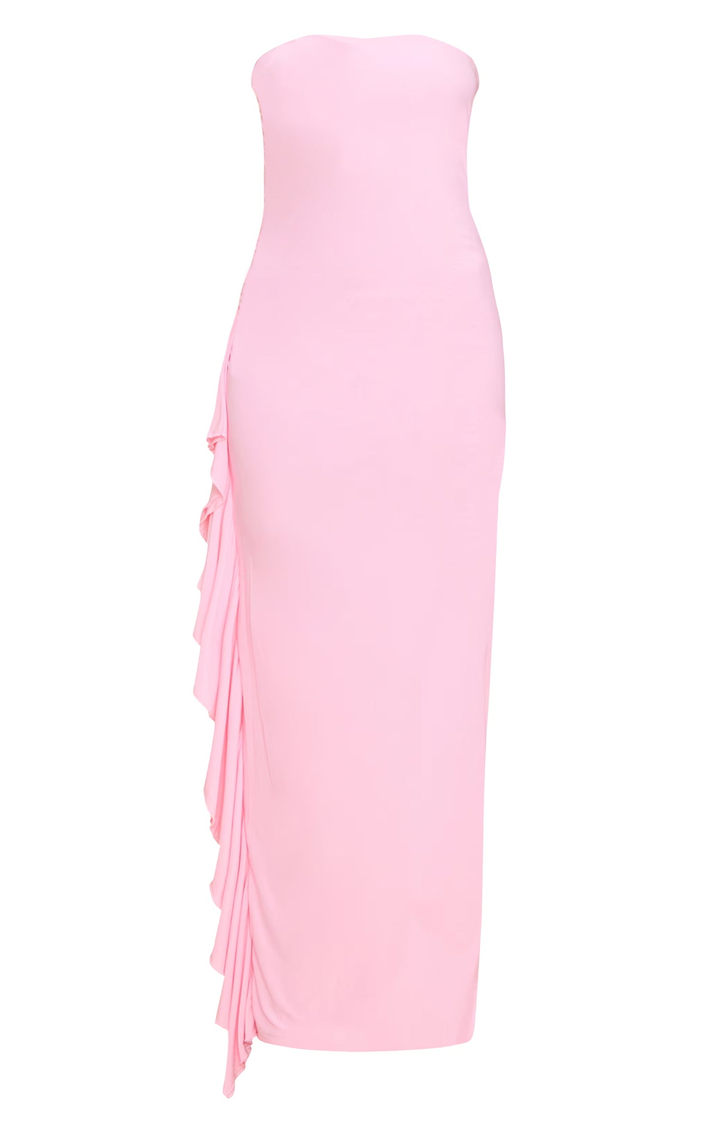 Baby Pink Double Layer Slinky Bandeau Frill Detail Maxi Dress