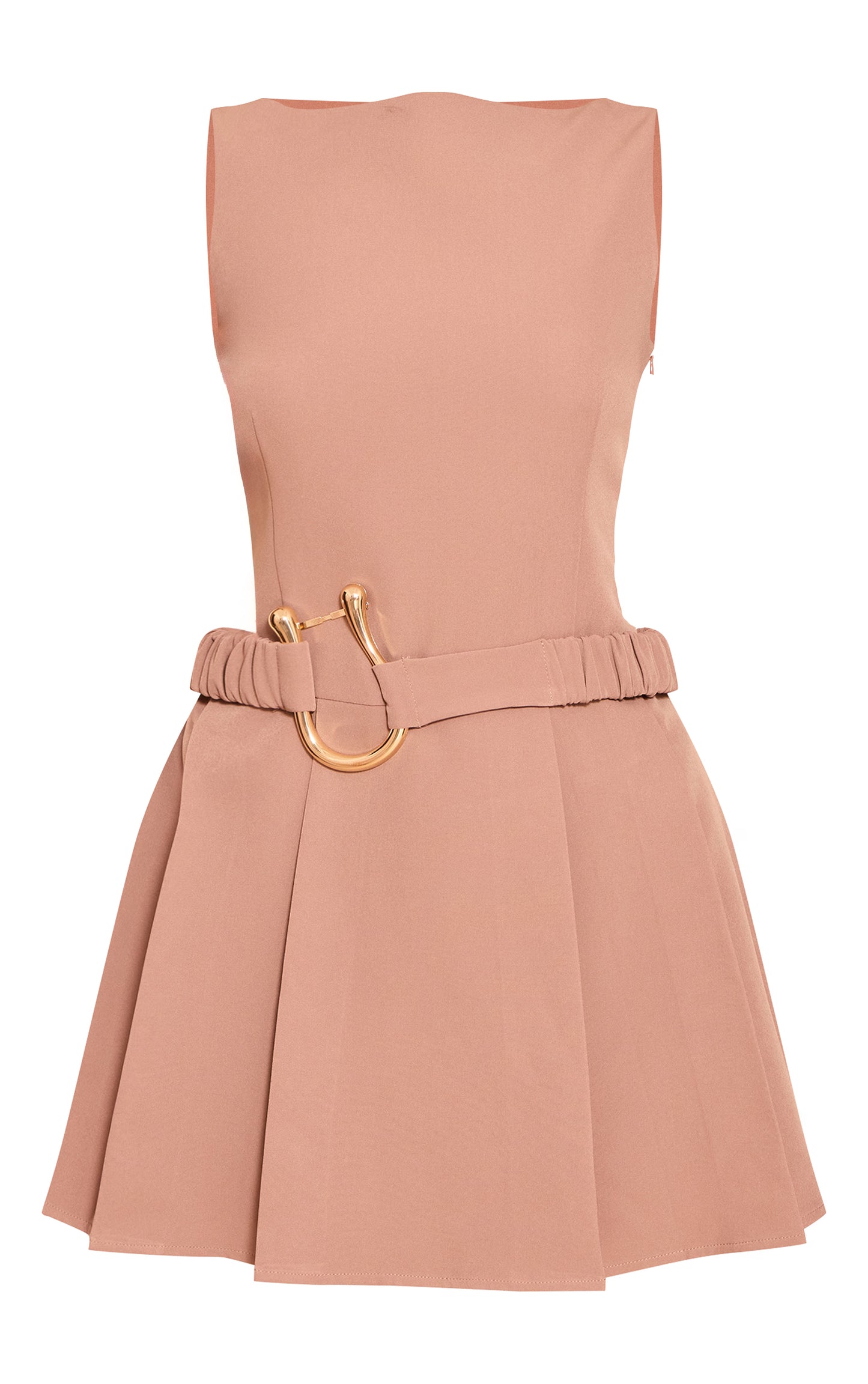 Beige Woven Belt Detail Pleated Shift Dress