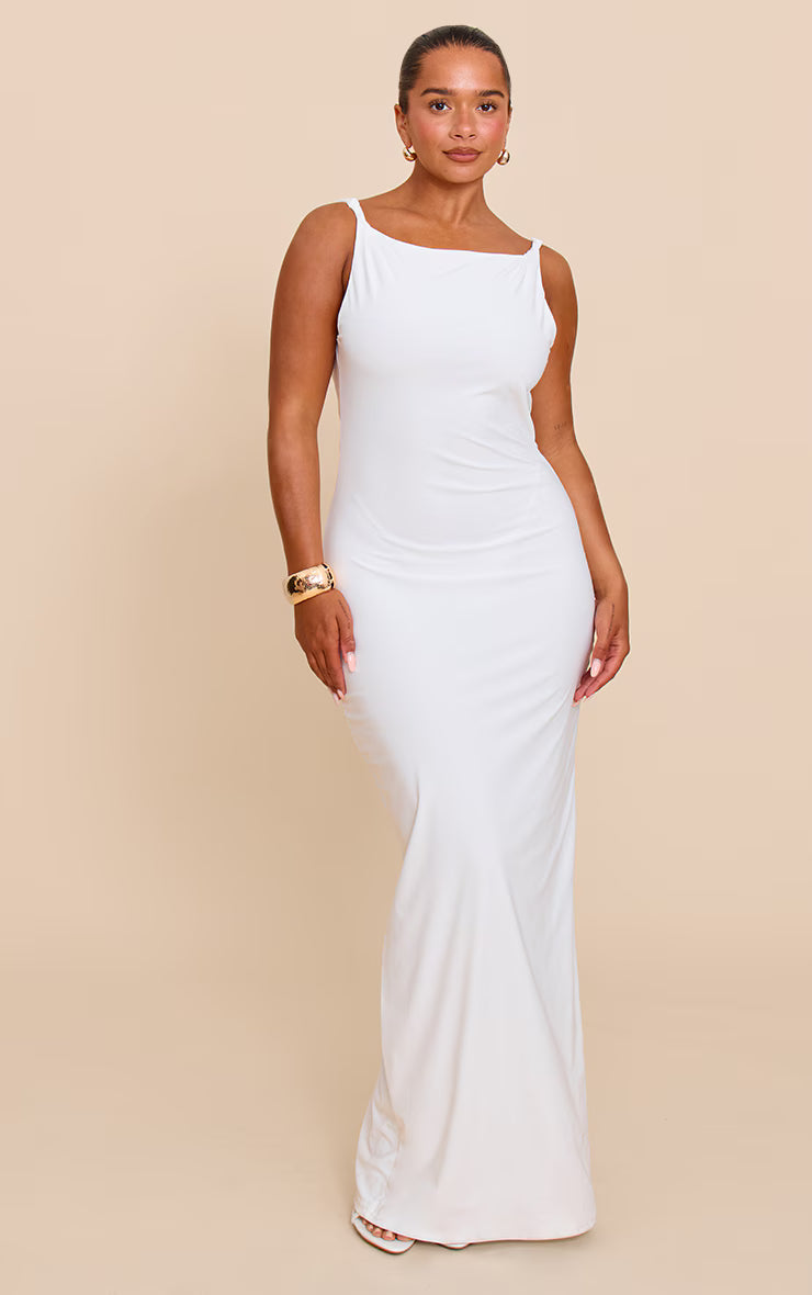 Shape white Boat Neck Twist Shoulder Cowl Back Maxi Dress