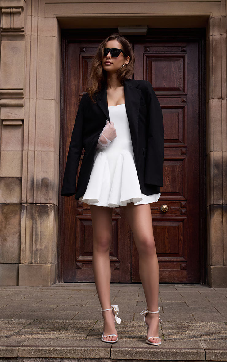 Premium White Satin Hip Pleated Skater Dress