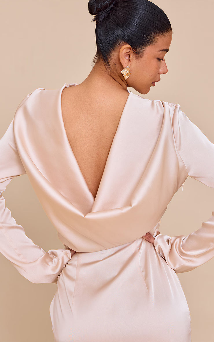 PLT Label Oyster Satin Cowl Back Maxi Dress