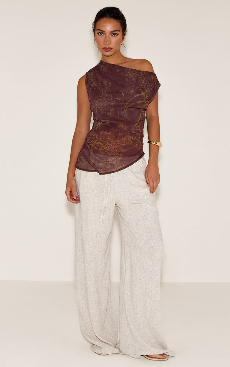Brown Paisley Printed Chiffon Asymmetric Hem Long Top