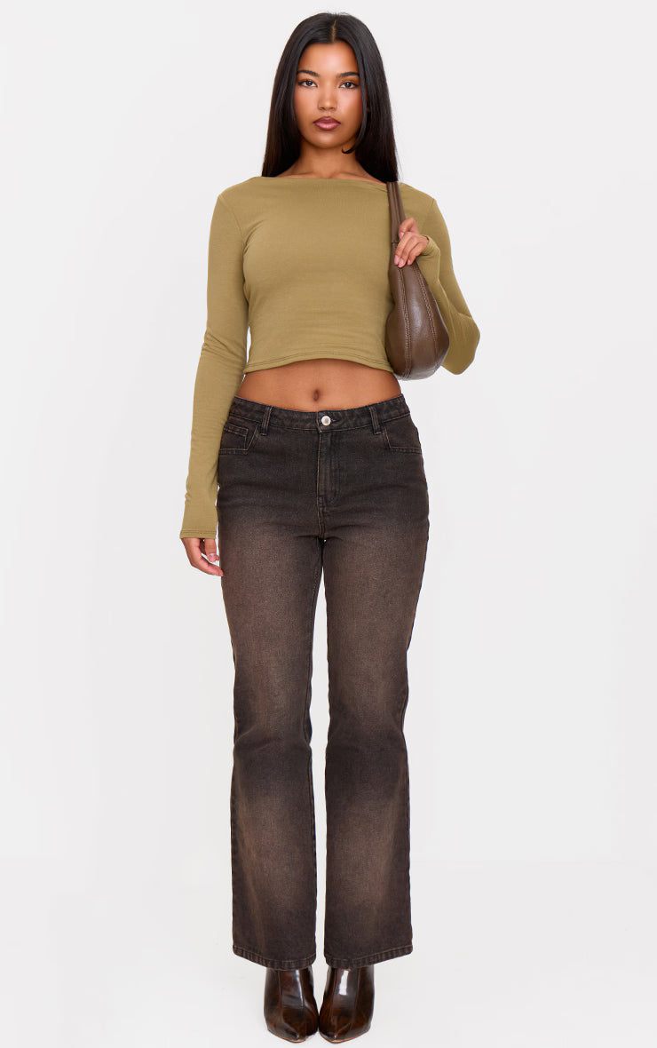 Olive Contour Jersey Buckle Detail Backless Long Sleeve Top