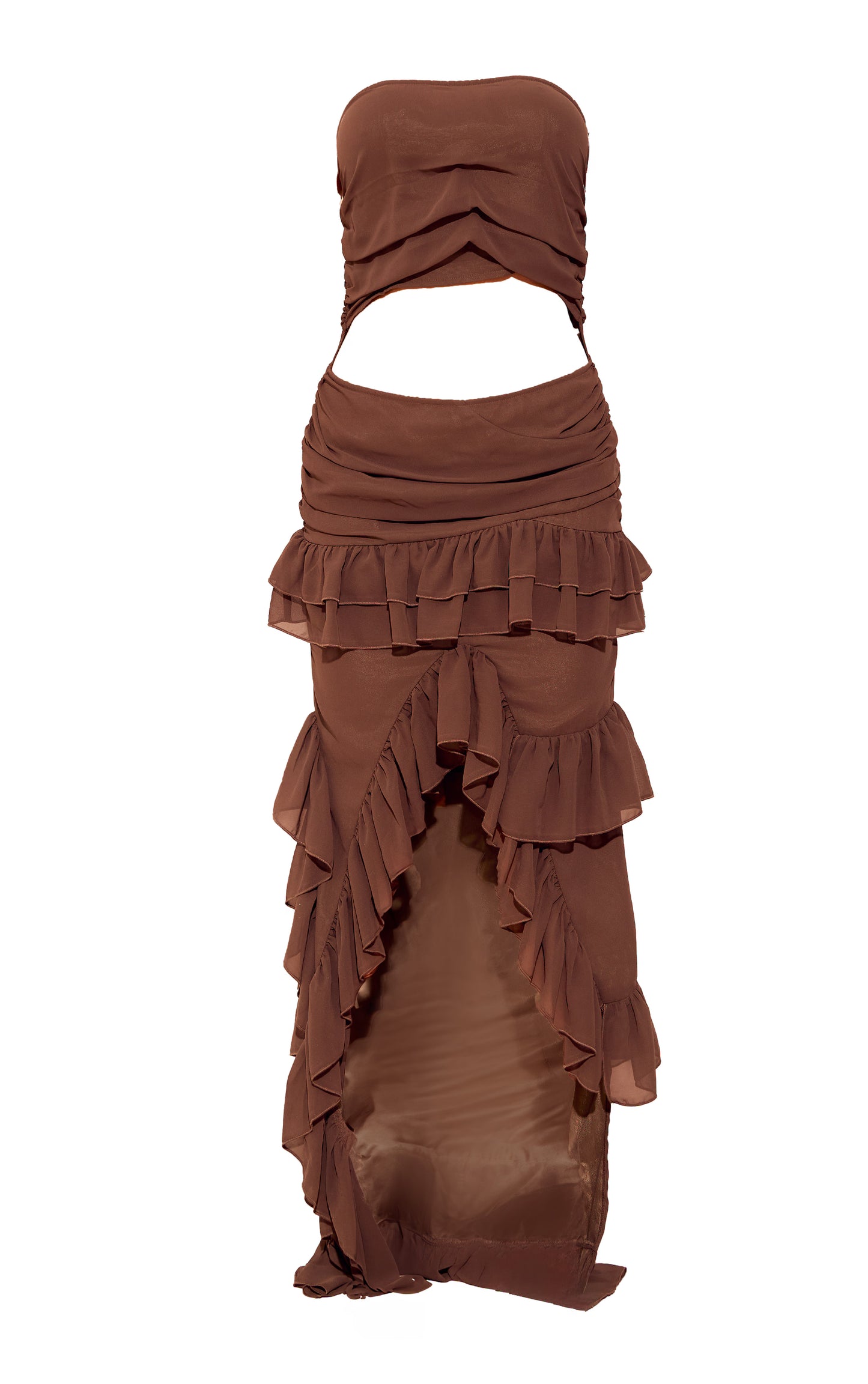 Brown Chiffon Ruched Cut Out Asymmetric Hem Midi Dress
