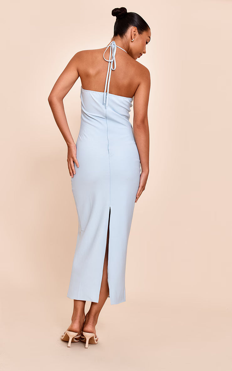 Baby Blue Woven Tailored Halter Neck Midaxi Dress