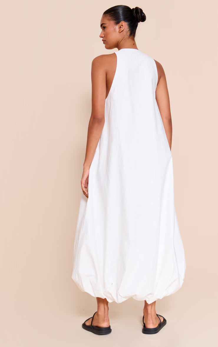 White Cotton Poplin Plunge Sleeveless Maxi Dress
