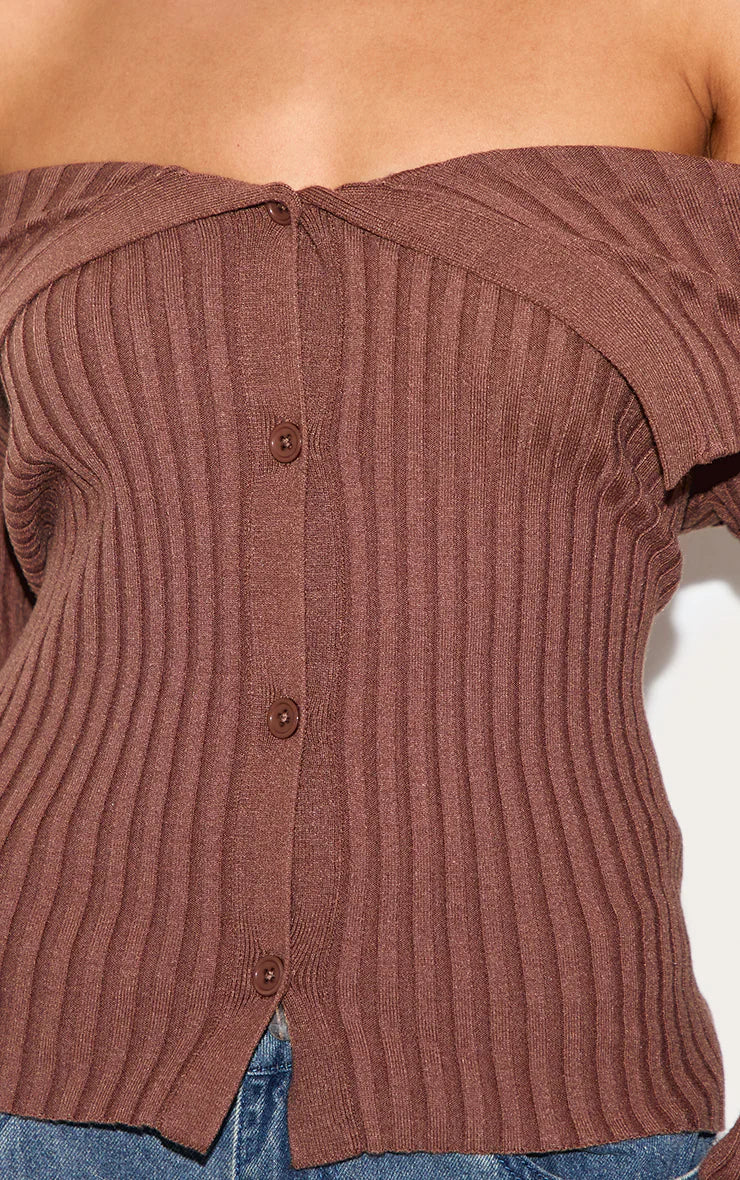 Ash Brown Rib Knit Fold Over Button Up Top