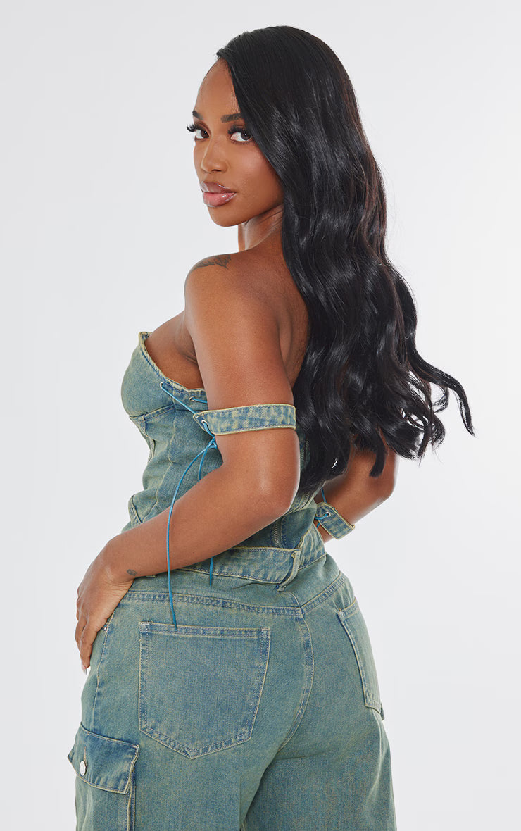 Shape Vintage Wash Denim Lace Up Front Corset