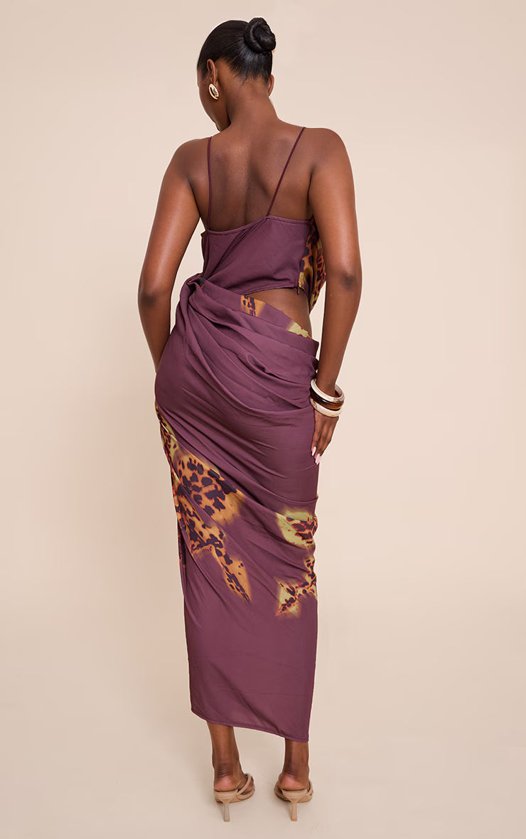Purple Floral Chiffon Drape Cut Out Midaxi Dress