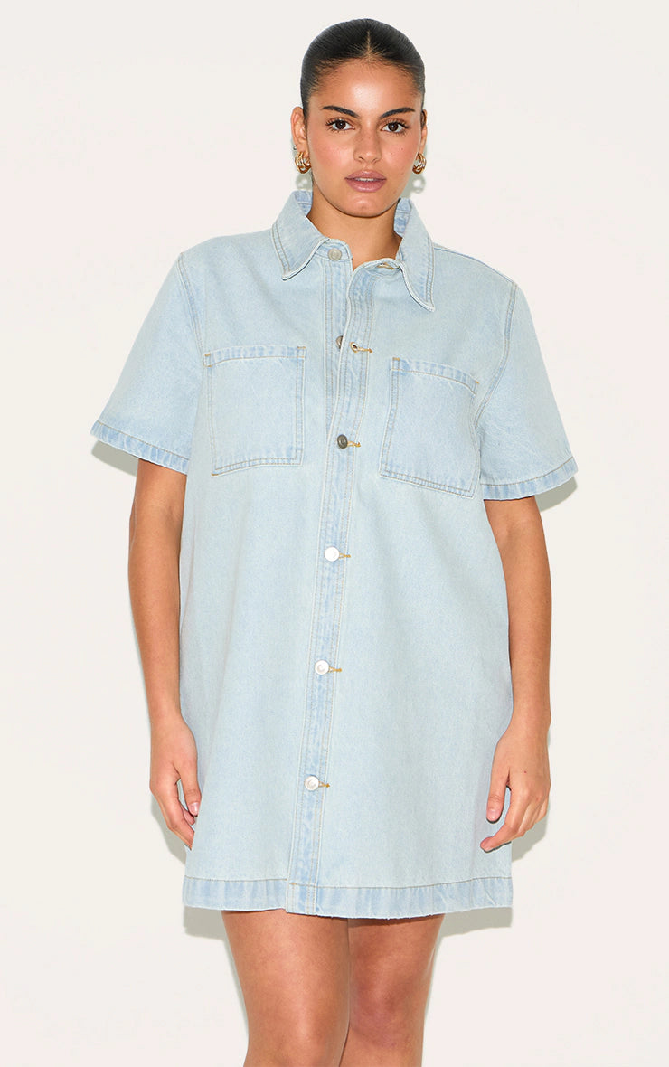 Plus Light Blue Contrast Stitch Denim Shirt Dress