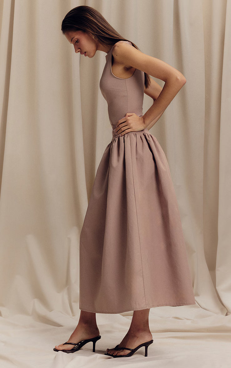 Taupe Dropped Waist Midaxi Dress