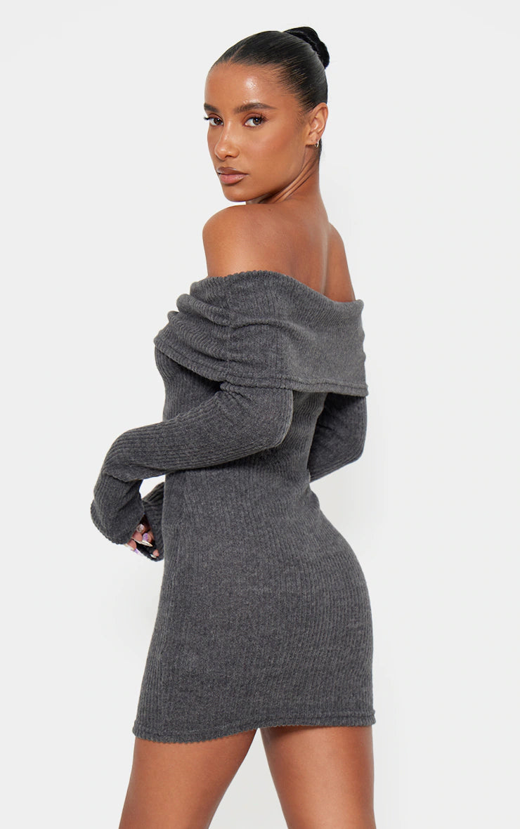 Grey Brushed Rib Bardot Long Sleeve Bodycon Dress