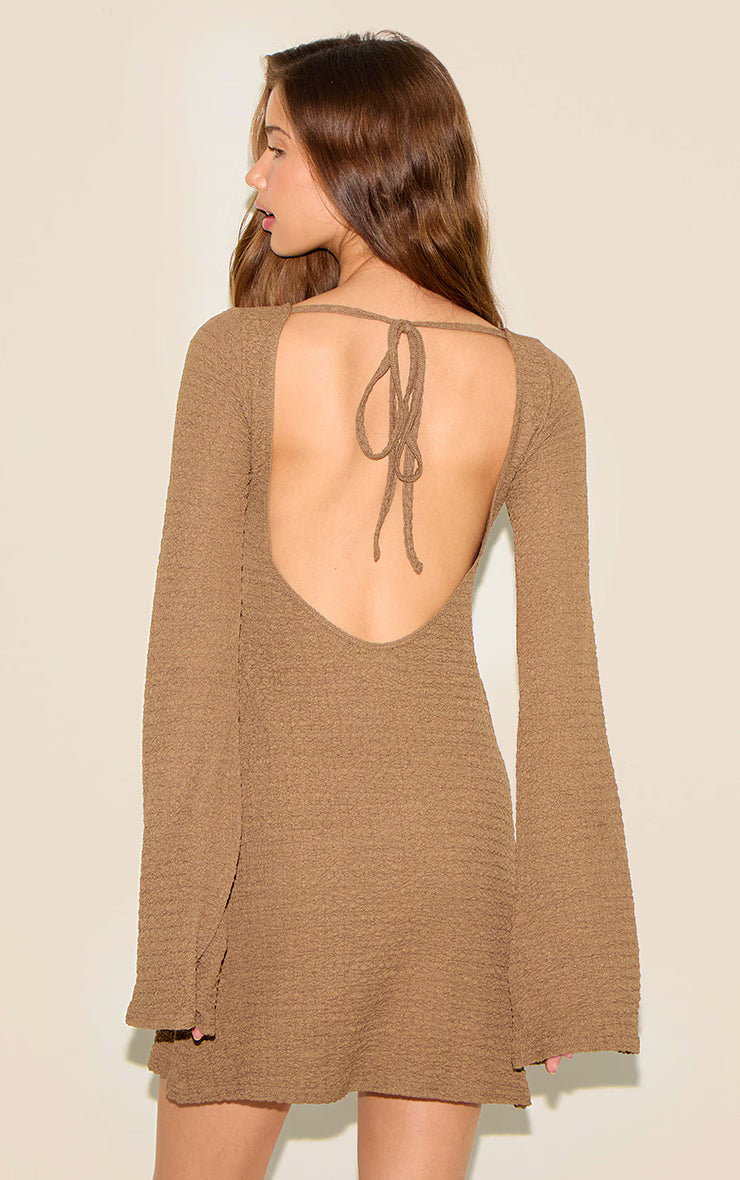 Taupe Textured Boat Neck Long Sleeve Shift Dress